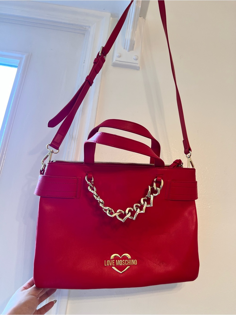 Love Moschino Red Shoulder Bag with Gold Chain Detail